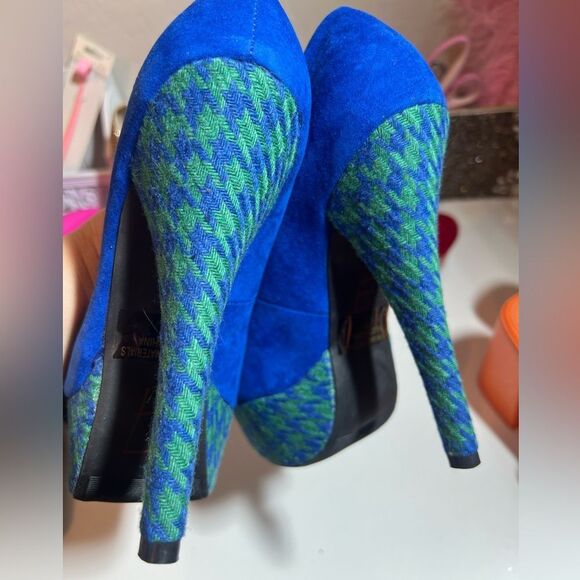 🧢 Blue green suede, embroidered platform, stiletto pumps, high heels, size 7 - Picture 8 of 13